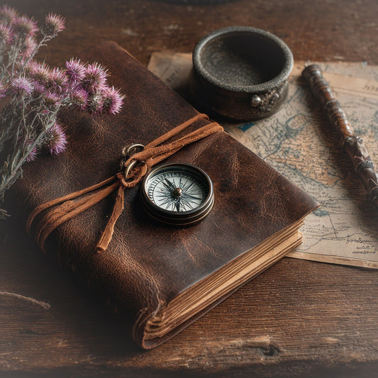 Vintage map with a compass and book with dried flowers, inkwell and oblique pen.