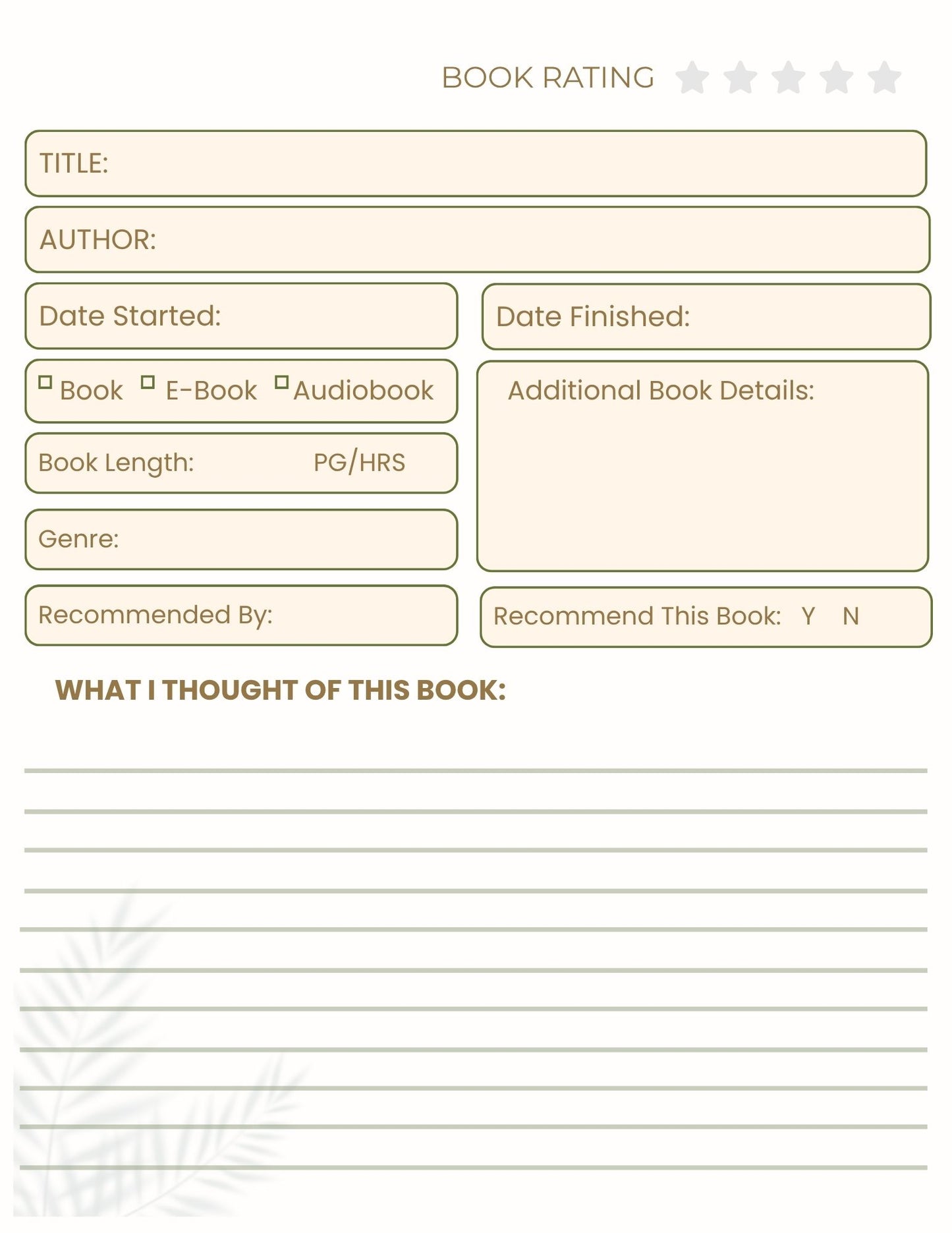 Book rating form with various fields for book information and user feedback.