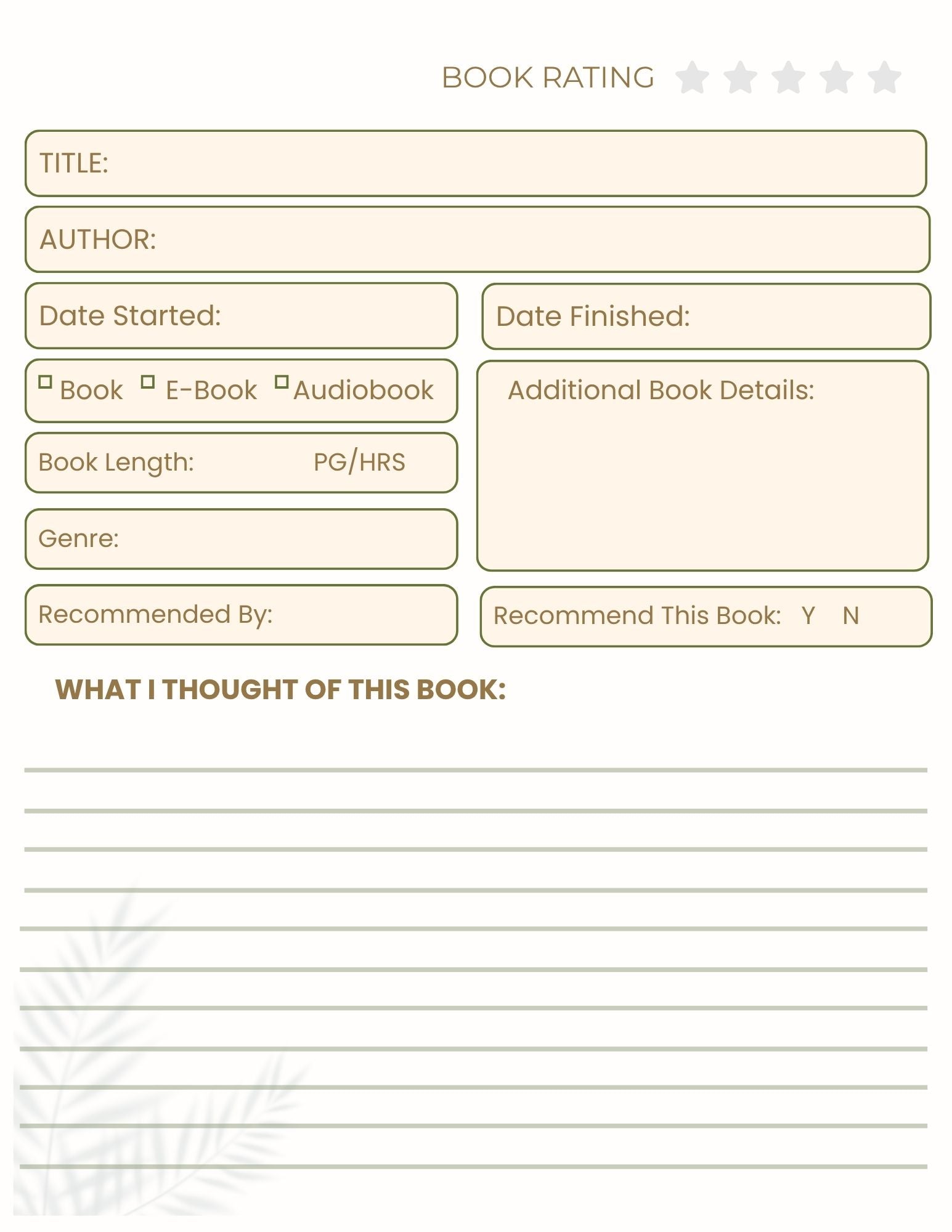 Book rating form with various fields for book information and user feedback.
