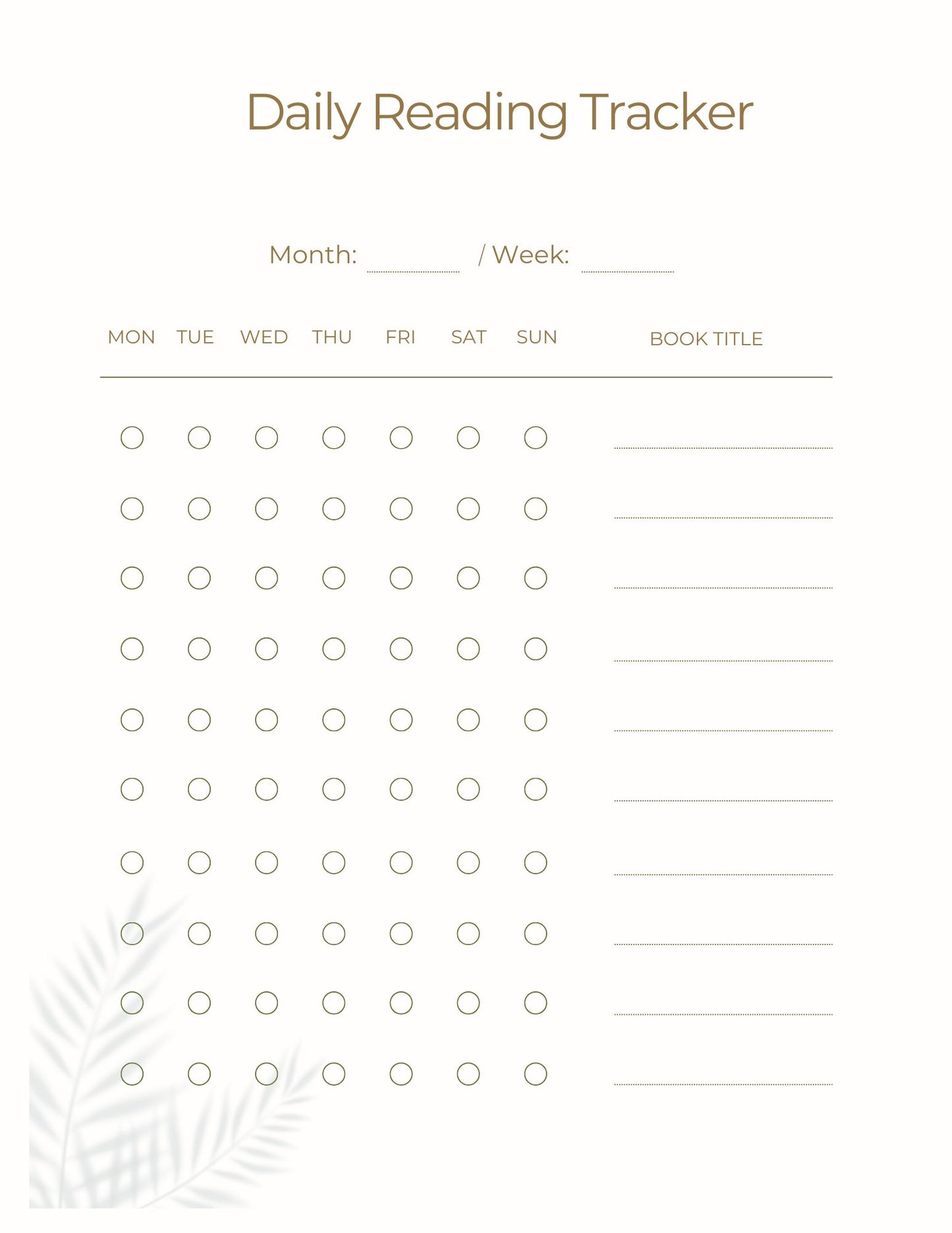 Daily Reading Tracker with checkboxes for each day of the week on a white background.