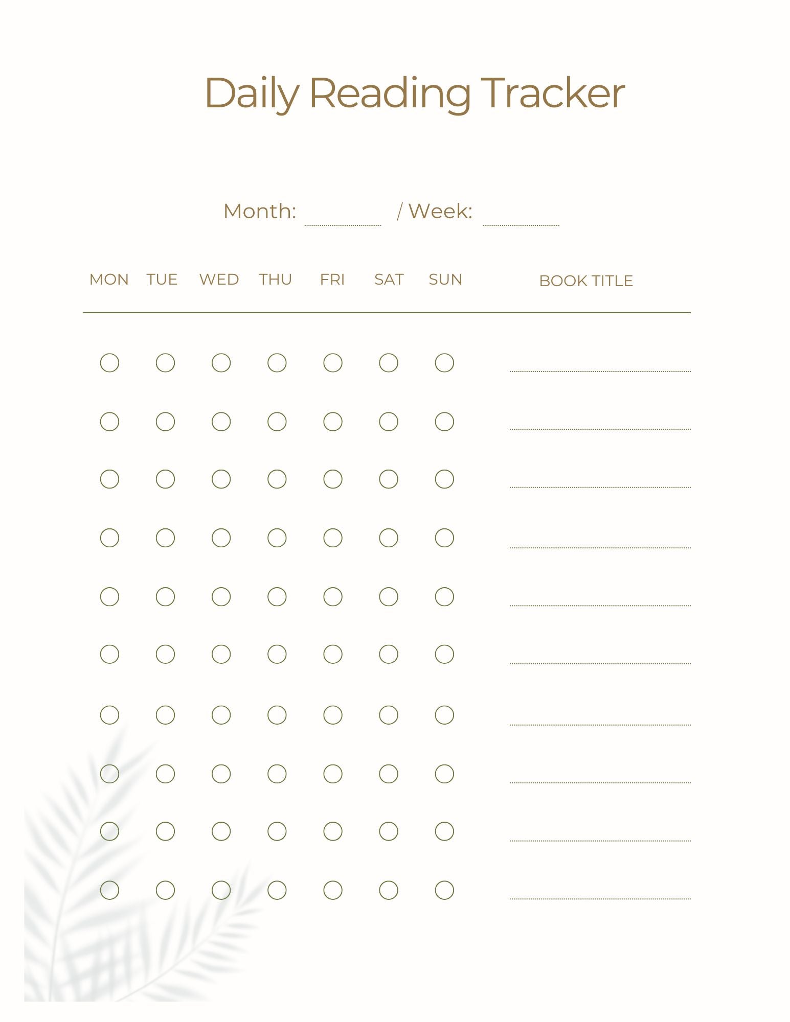 Daily Reading Tracker with checkboxes for each day of the week on a white background.