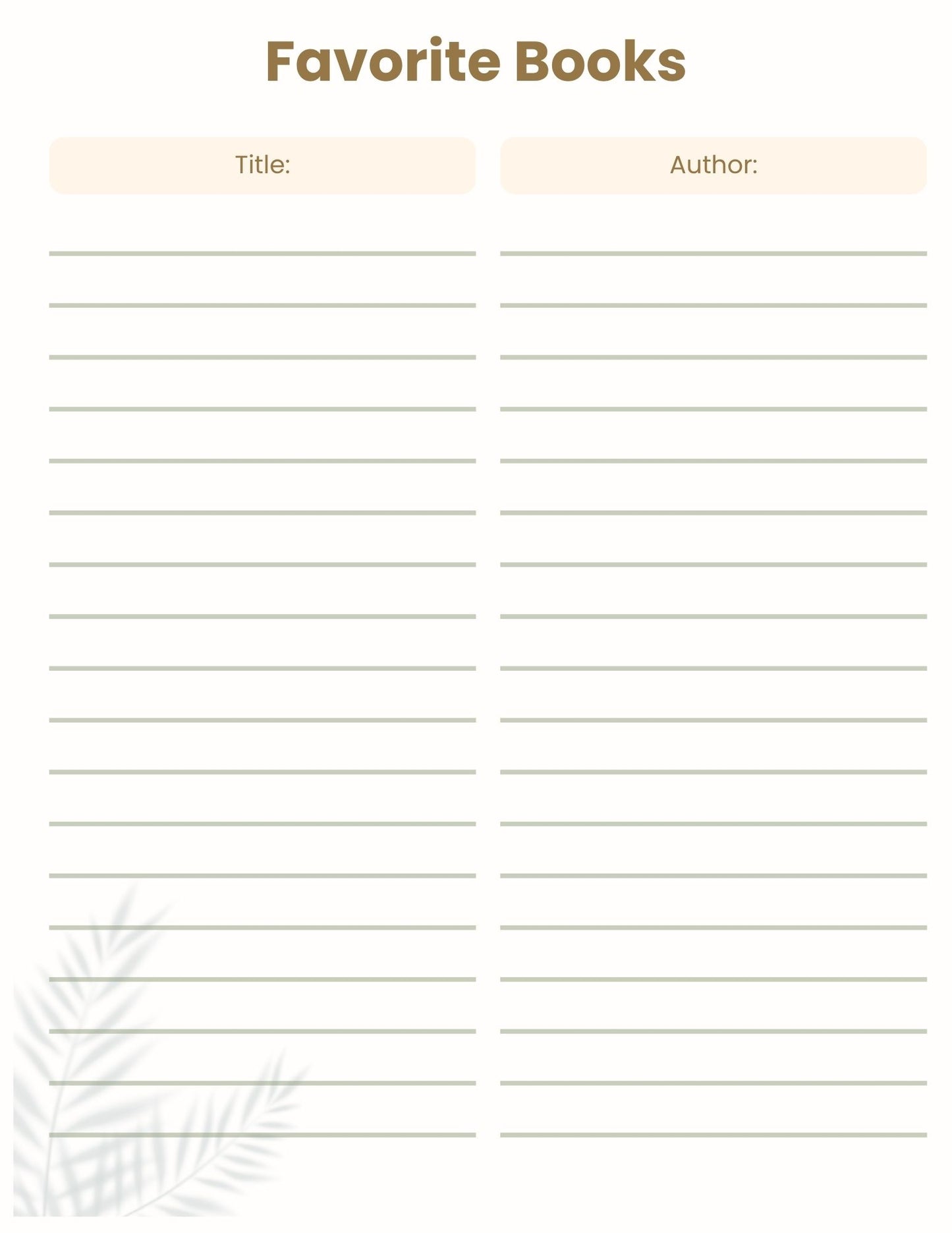 Sheet titled 'Favorite Books' with columns for title and author on a white background.