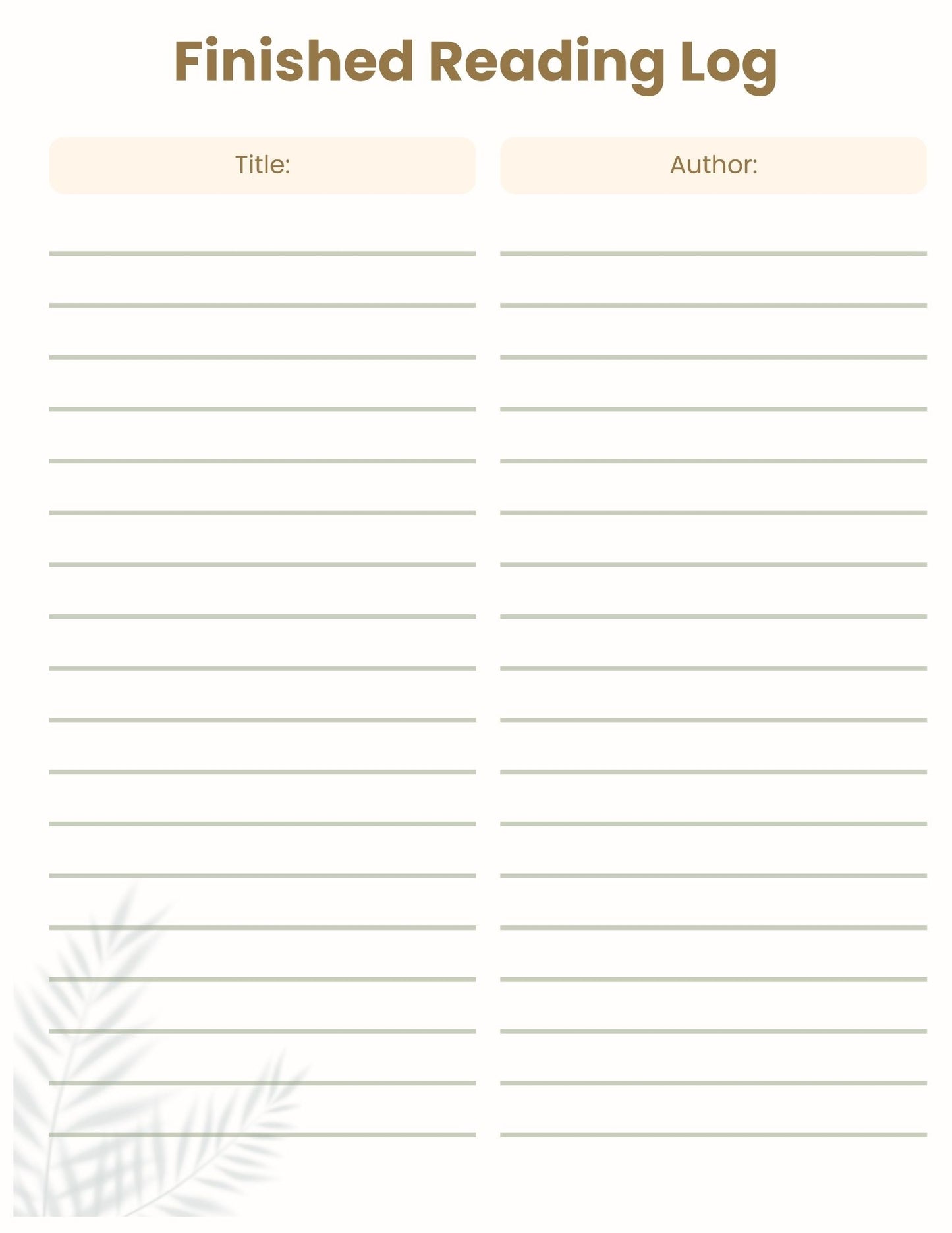 Blank reading log sheet with lines for title and author