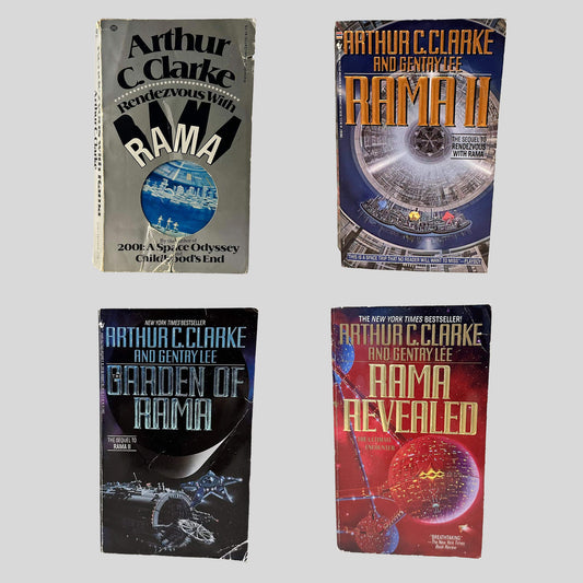 First Contact and Beyond Bundle - Front Covers of Rendezvous with Rama, Rama II, The Garden of Rama, and Rama Revealed by Arthur C. Clarke and Gentry Lee - Fehmerling Books