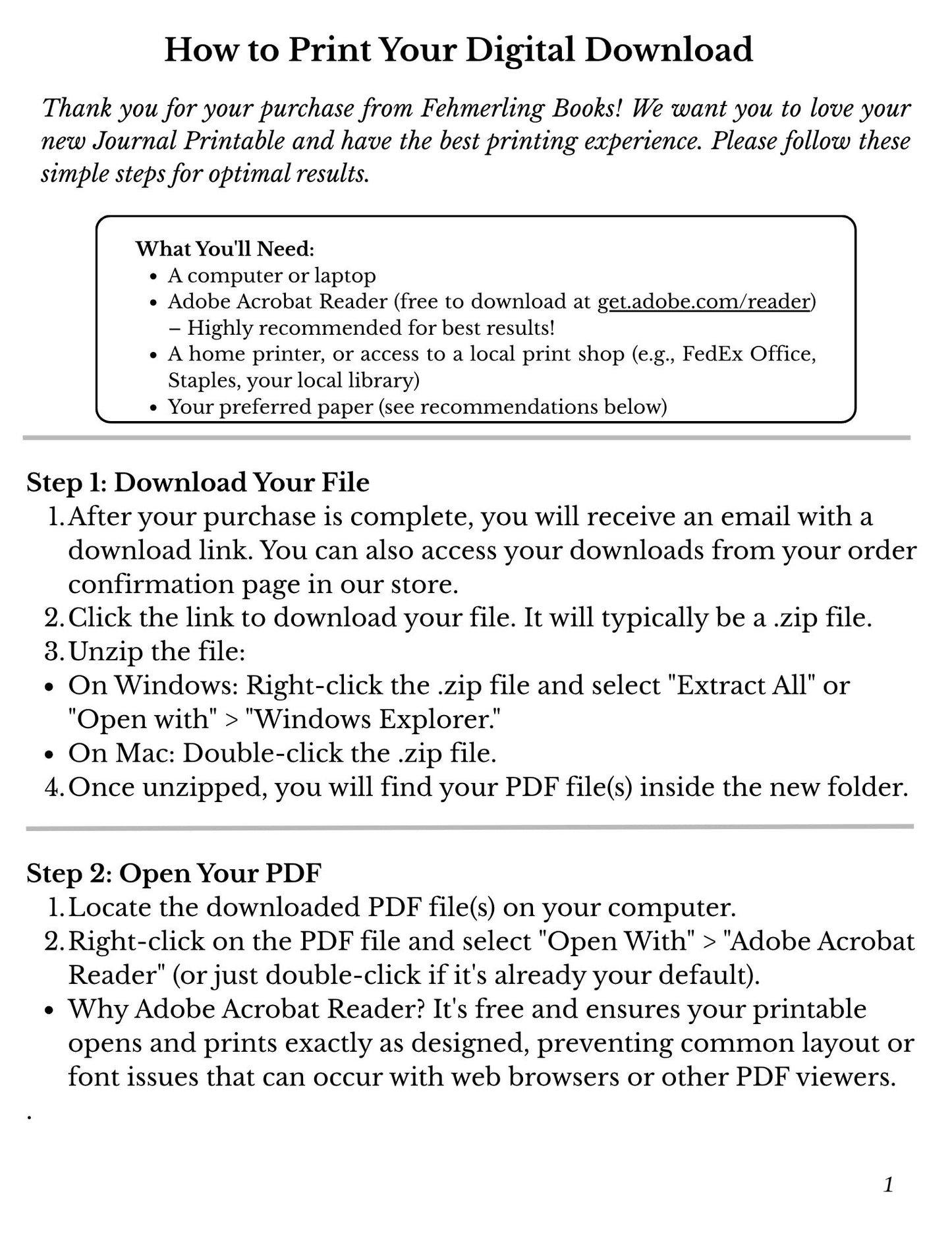 Instructions on how to print a digital download from Fehmeling Books, including steps for downloading and opening a PDF file.