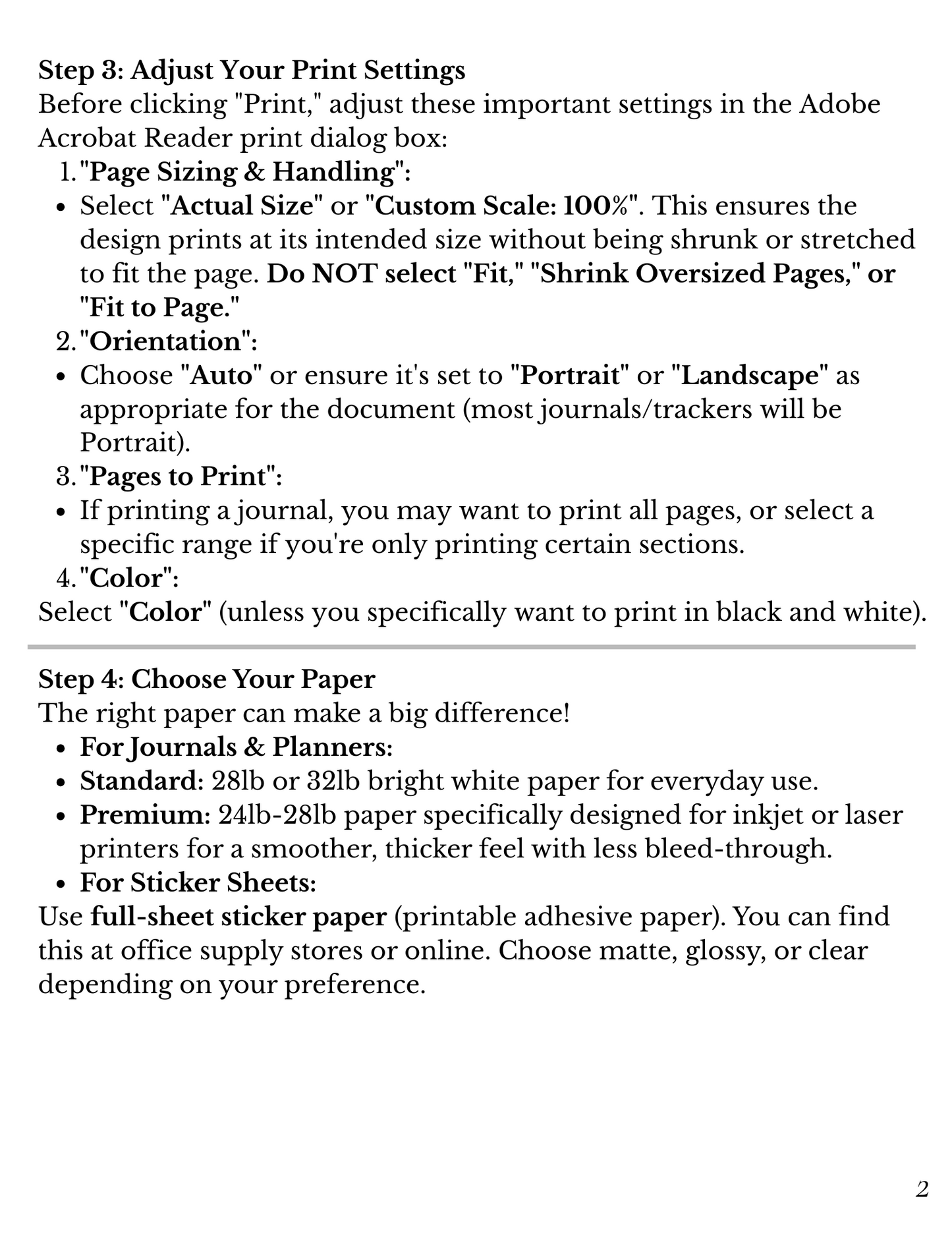 Instructions for adjusting print settings and choosing paper for a document on a white background.