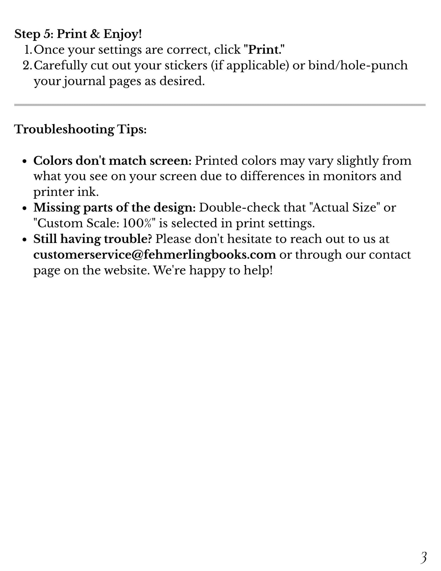 Instructions for printing and troubleshooting on a white background