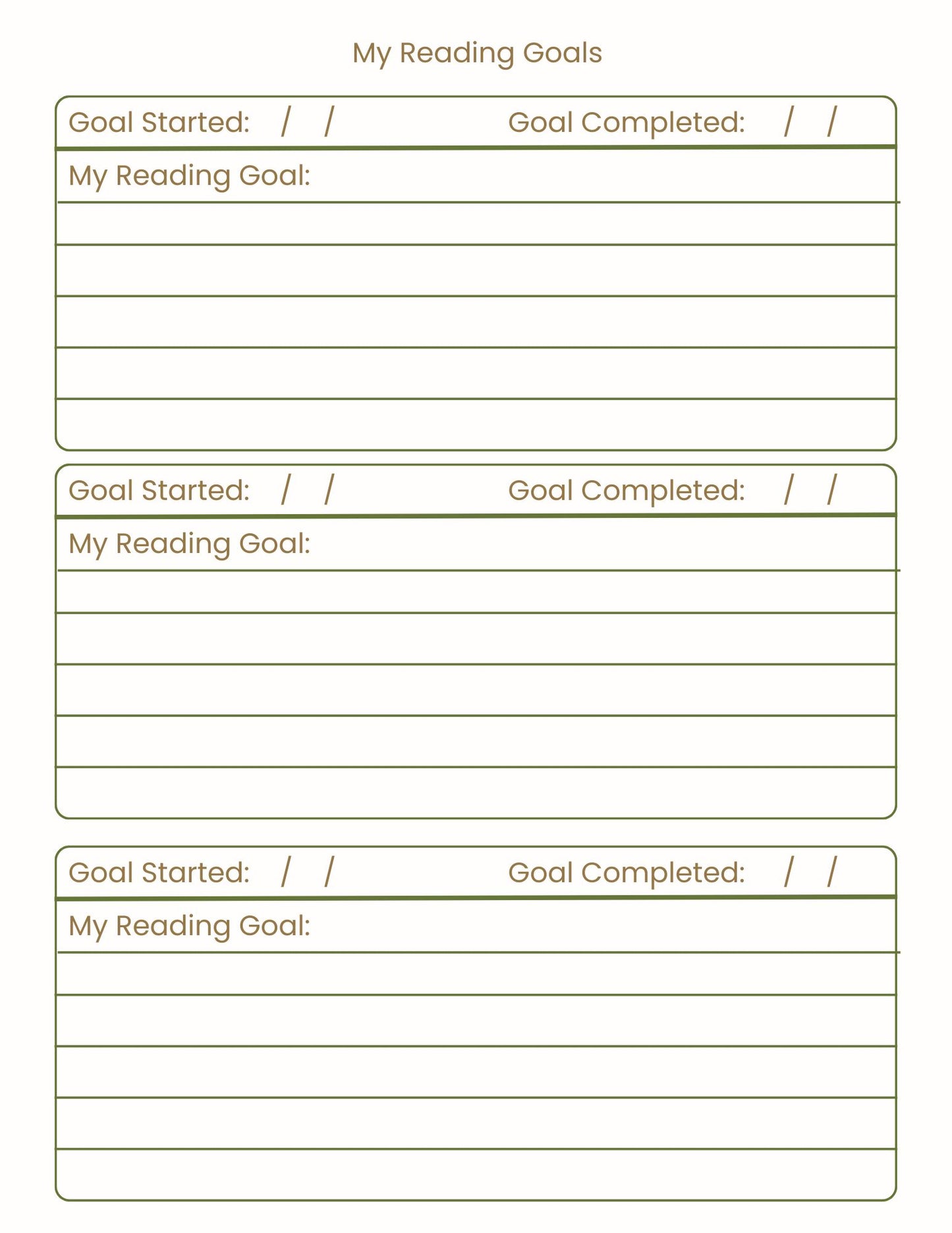 Reading goal tracking sheet with columns for 'Goal Started', 'My Reading Goal', and 'Goal Completed'.