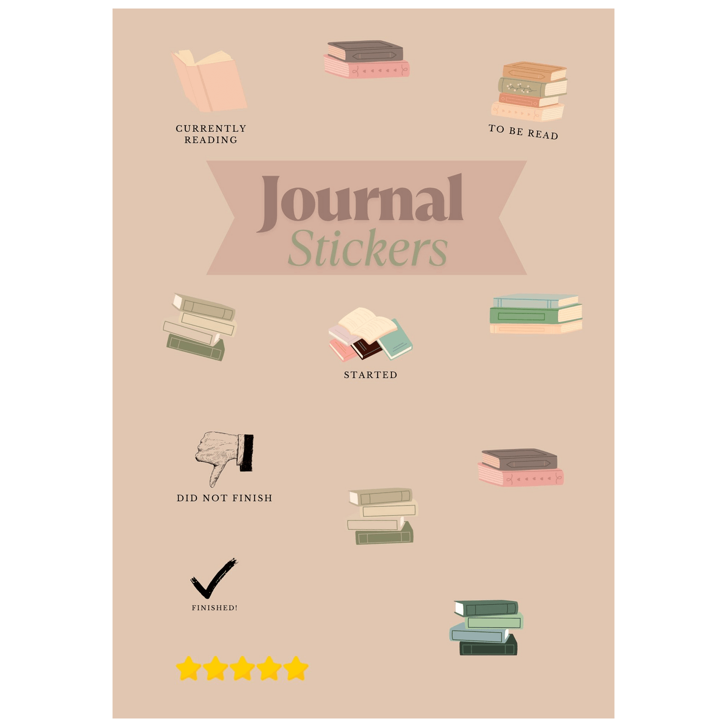 Journal stickers with book illustrations and text on a beige background