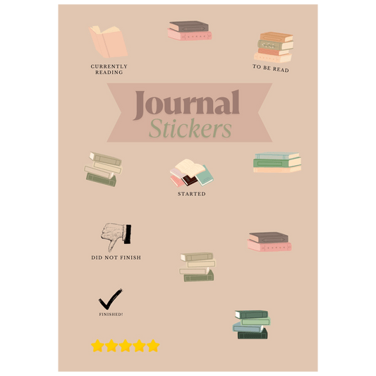 Journal stickers with book illustrations and text on a beige background
