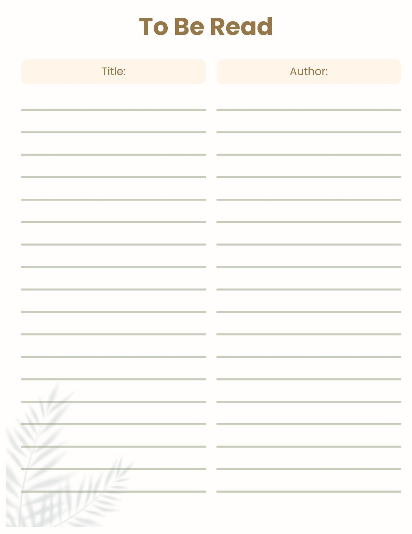 Reading list template with columns for title and author on a white background.