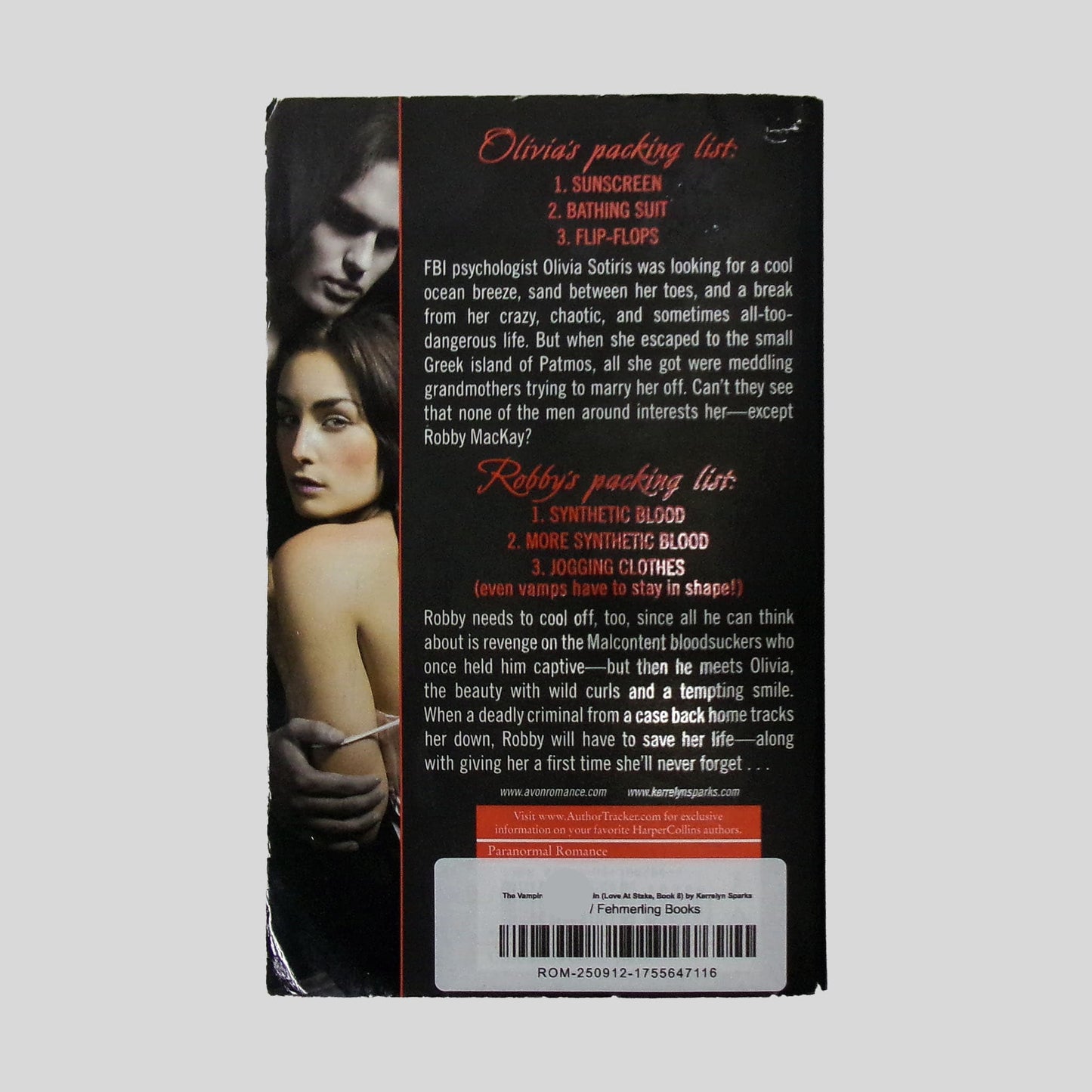 Back cover of the Avon Books paperback The Vampire and the Virgin, the 8th book in the Love at Stake series. The design highlights the humorous character synopses for FBI psychologist Olivia Sotiris and vampire Robby MacKay. This high-resolution view reflects the carefully curated and high-end quality of the Fehmerling Books standalone collection, ideal for shoppers seeking lighthearted paranormal mysteries.