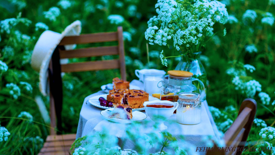 An English garden setting with a bistro size table and chair set with a white table cloth. The table has tea with dessert set out. 