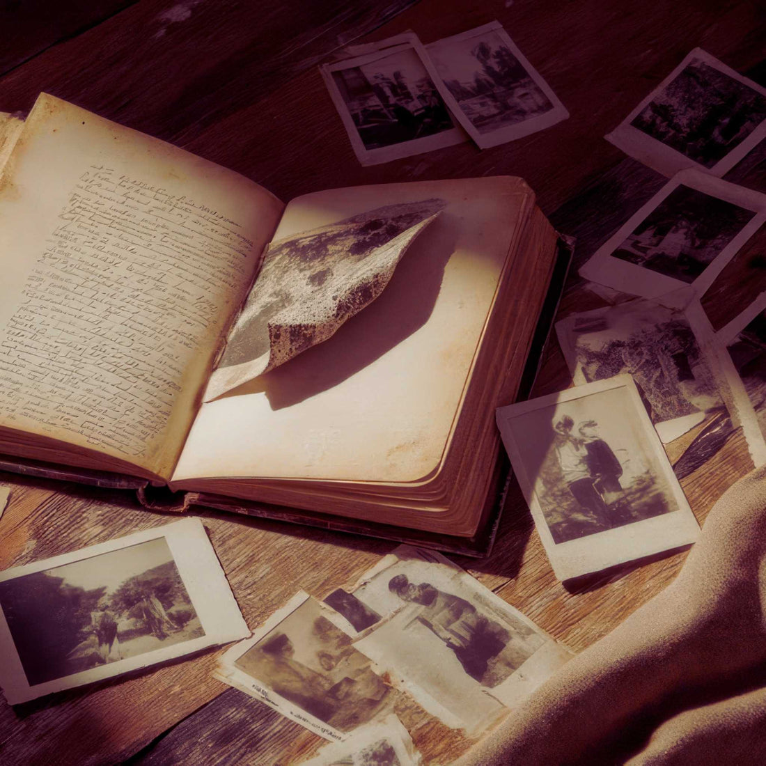 A worn journal laying open on a table with old, black and white photos surrounding it.