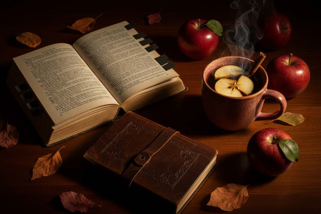 An open book with dark annotation tabs, a leather journal, a mug of steaming spicy caramel apple tea, red apples, and autumn leaves on a wooden desk.