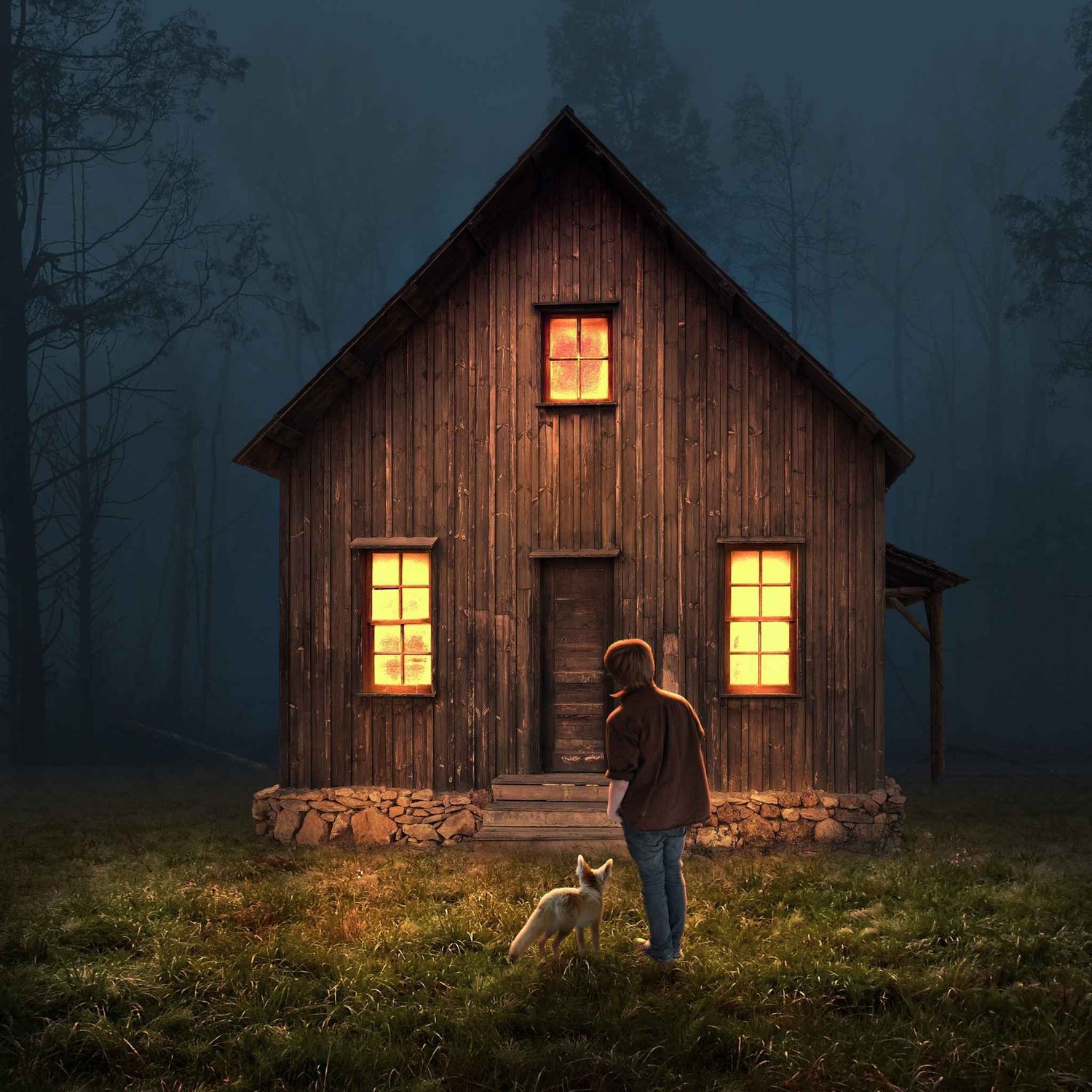 A person and a fox stand before a mysterious wooden cabin in a dark, foggy forest, its windows glowing with an ominous warmth.
