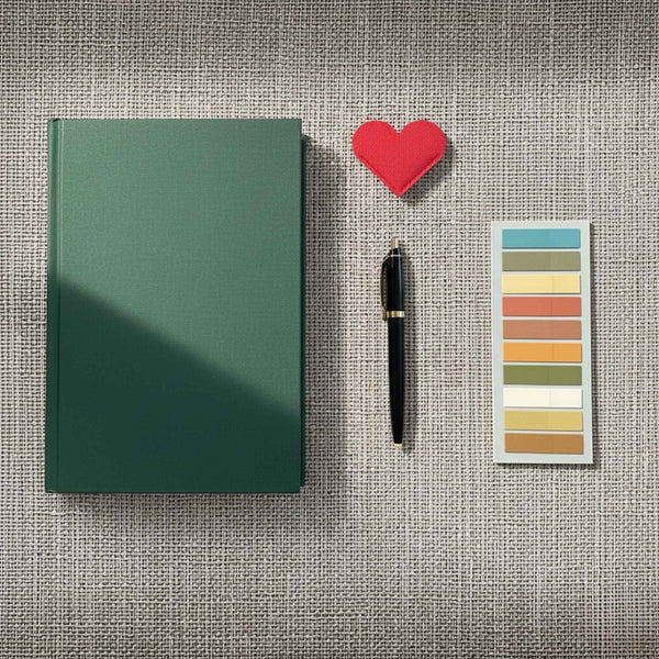 Flatlay image of a hardcover book, a pen, a heart shaped leather bookmark, and annotation tabs on a grey linen background