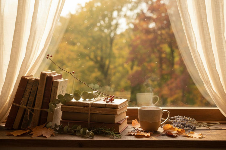 A cozy autumn scene by a window with sheer curtains, a stack of old books tied with twine, a steaming mug, dried lavender, and scattered leaves, with an outdoor view of trees in fall colors in the background.