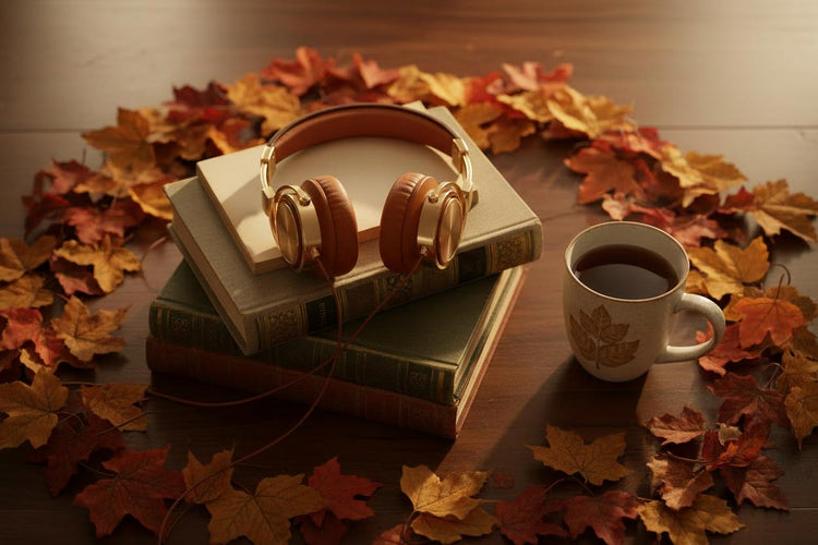 A pair of brown and gold over-ear headphones rests on a stack of vintage books, surrounded by scattered autumn leaves on a wooden table, with a ceramic mug of coffee nearby.