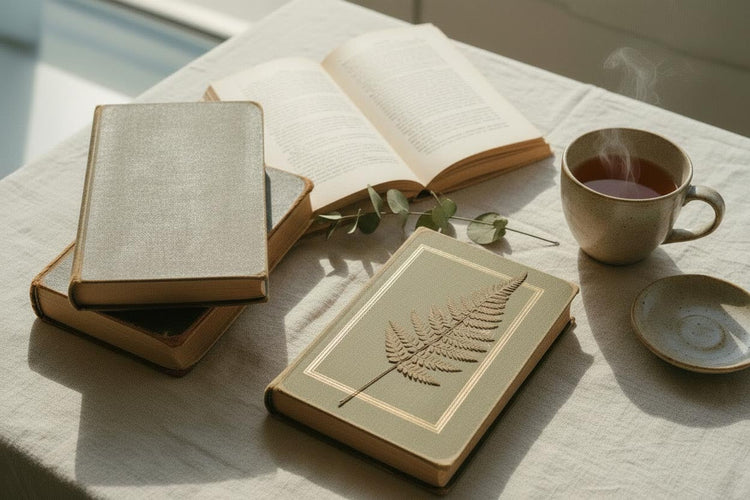 A cozy tabletop scene with a stack of vintage-style books, an open book, a ceramic mug of tea, a small saucer, and a closed book with a pressed fern design on the cover, arranged on a light fabric surface in warm natural light.