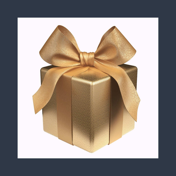 A gift box wrapped in gold wrapping paper with a big gold bow tied on top. Set on a layered background of a white square on top of dark blue background to frame it all in.
