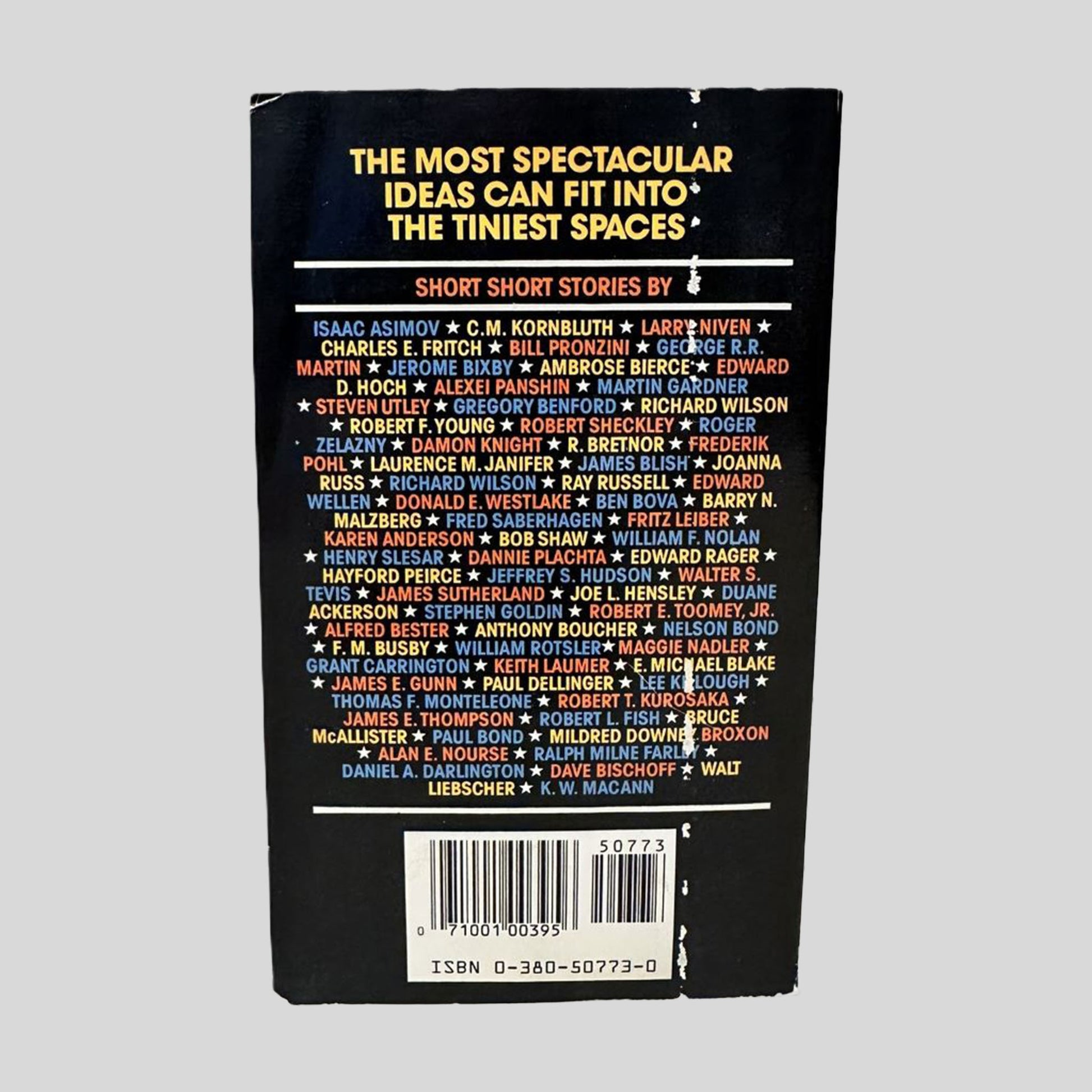 Back cover of the 100 Great Science Fiction Short Short Stories paperback. The black background features a yellow and white text layout including a promotional blurb and a list of contributing authors. Includes the Avon Books logo and a clear barcode with ISBN 9780380507733 at the bottom.