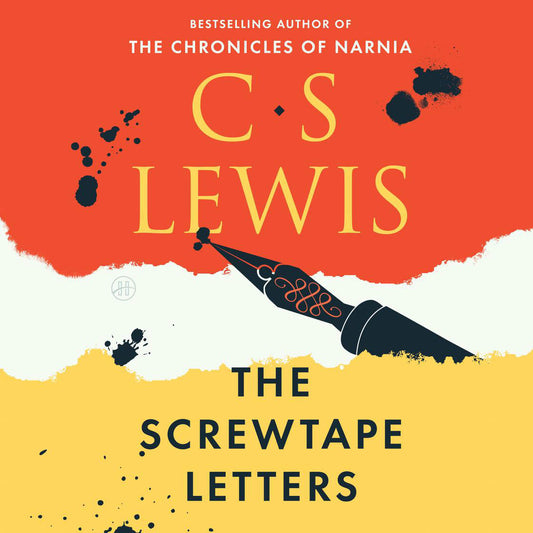 Book cover of 'The Screwtape Letters' by C.S. Lewis with a stylized pen and red and yellow background.