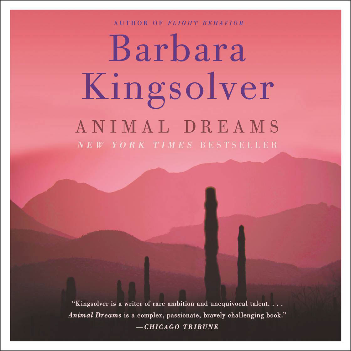 Book cover of 'Animal Dreams' by Barbara Kingsolver with a pink mountain landscape.
