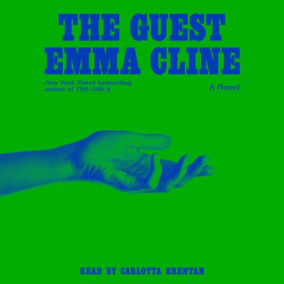 Book cover for 'The Guest Emma Cline' featuring bold blue title text and a blue-toned hand graphic on a bright green background.