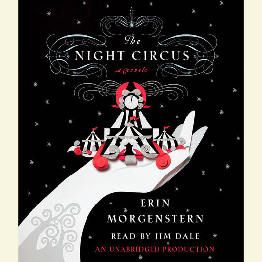 Front cover of The Night Circus by Erin Morgenstern. A black cover with with a black and white circus tent in the palm of a hand, set against a black background with silver stars.