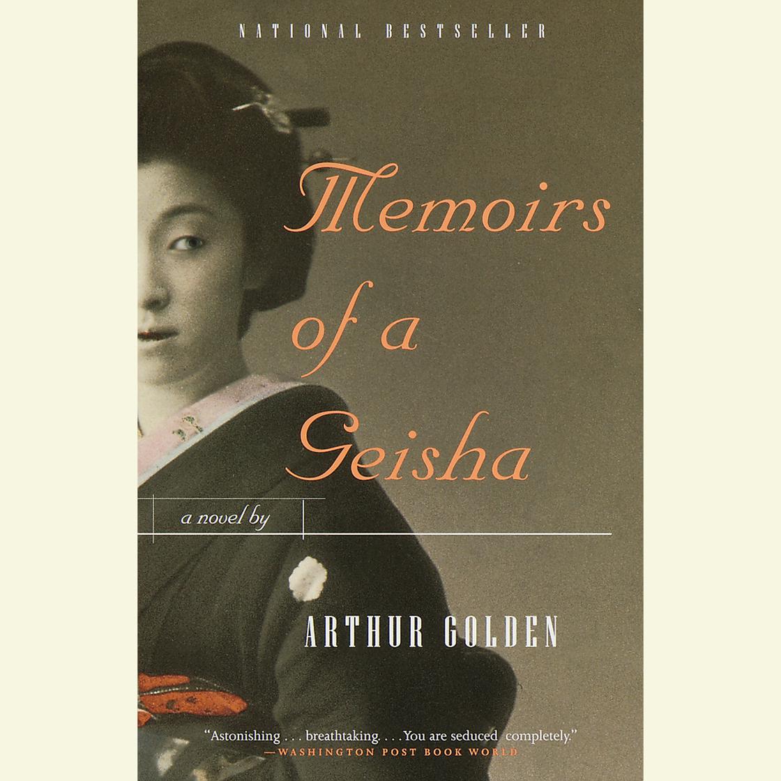 Book cover of 'Memoirs of a Geisha' by Arthur Golden with a portrait of a woman in traditional attire.
