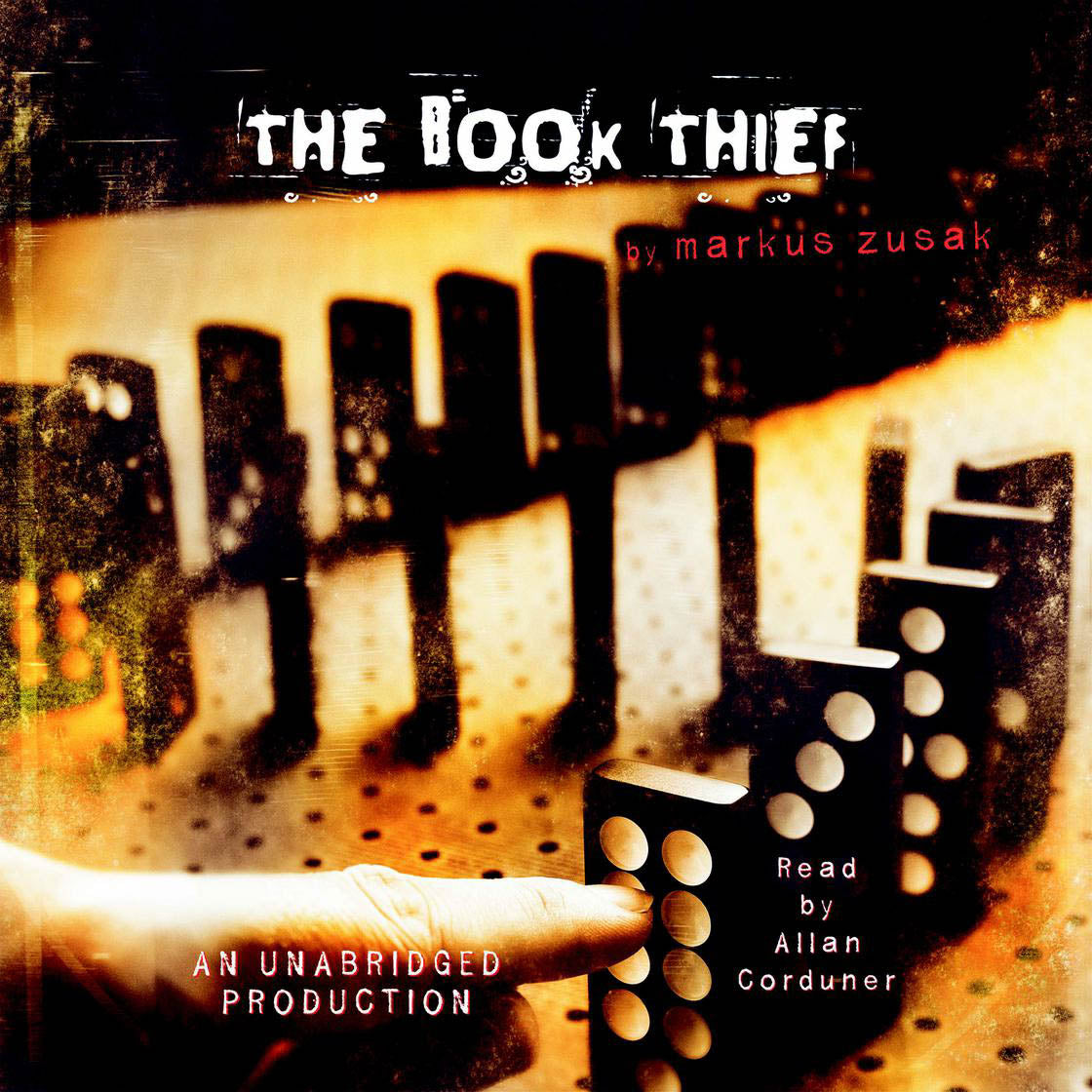 Book cover of 'The Book Thief' by Markus Zusak with a thumb pushing the first domino in a chain.