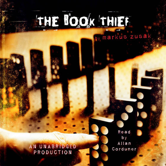 Book cover of 'The Book Thief' by Markus Zusak with a thumb pushing the first domino in a chain.