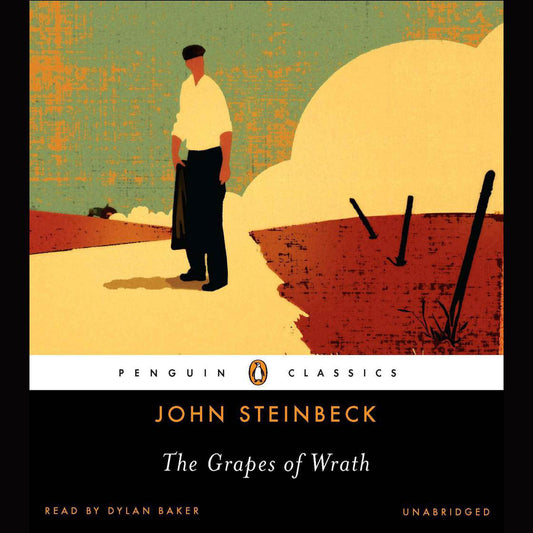 Book cover of 'The Grapes of Wrath' by John Steinbeck with a stylized illustration of a man standing in a field.