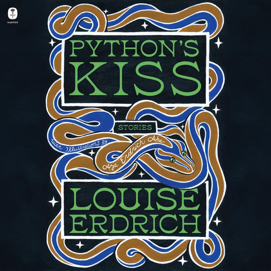 Book cover of 'Python's Kiss' by Louise Erdrich with decorative snake design on a dark background.