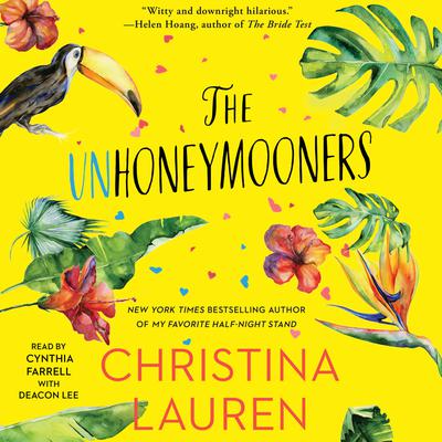 Book cover of 'The Unhoneymooners' with tropical elements and author's name on a yellow background