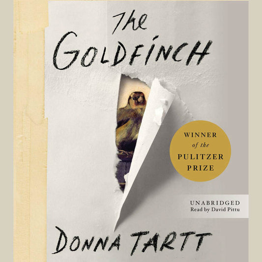 Book cover of 'The Goldfinch' by Donna Tartt with a goldfinch illustration and Pulitzer Prize badge.