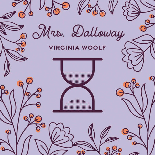 Book cover of 'Mrs. Dalloway' by Virginia Woolf with floral design and hourglass symbol.