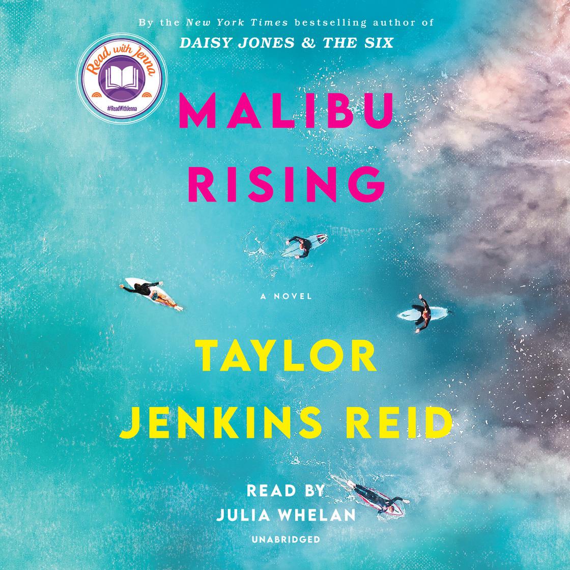 Book cover of 'Malibu Rising' by Taylor Jenkins Reid with surfers in the ocean.
