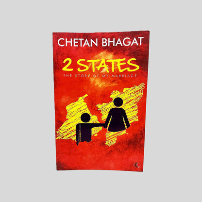 Front cover of "2 States" by Chetan Bhagat featuring a yellow and red illustration of a couple against a sun-like backdrop.