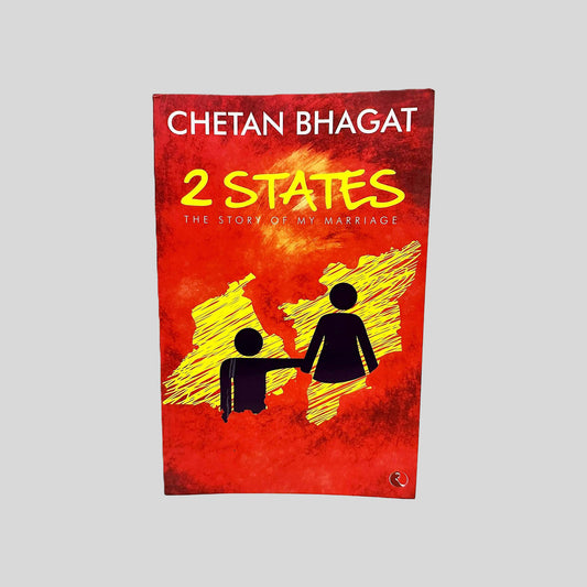Front cover of "2 States" by Chetan Bhagat featuring a yellow and red illustration of a couple against a sun-like backdrop.