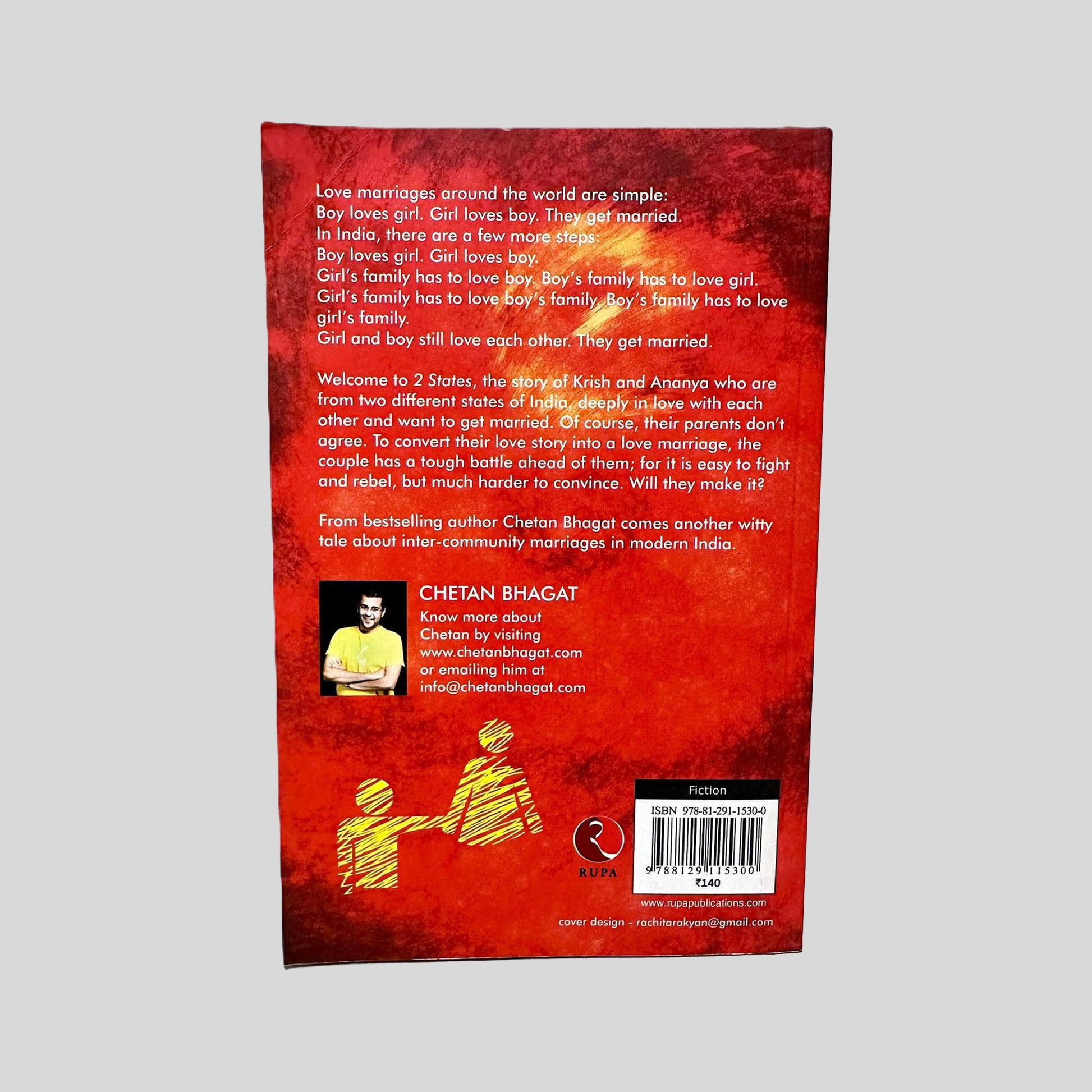 Back cover of the "2 States" paperback showing the plot synopsis, praise for the author, and a clear ISBN 978-81-291-1530-0 barcode.