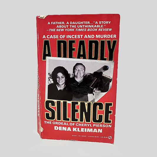 Front cover view of A Deadly Silence by Dena Kleiman centered on a neutral light gray background. The Front cover has the title in bold black lettering ontop of a red background with a black and white photo of a man and a woman as the focus. 