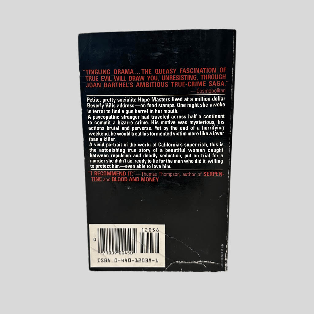 Back cover view of A Death in California by Joan Barthel centered on a neutral light gray background. 