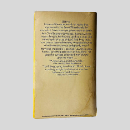 Back cover view of A Fall Of Moondust by Arthur C. Clarke centered on a neutral light gray background. Chipping and creasing present. Water staining in the left corner.