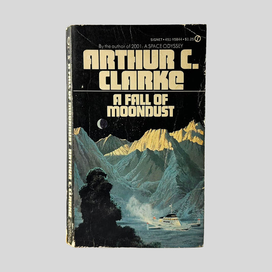 Front cover view of A Fall Of Moondust by Arthur C. Clarke centered on a neutral light gray background. Chipping and creasing are present.