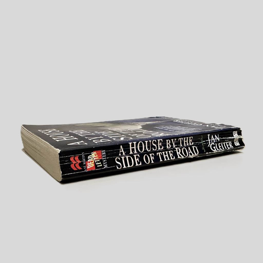 Close-up spine view of A House By The Side Of The Road by Jan Gleiter centered on a neutral light gray background. Spine shows creasing, chipping, and cocking.