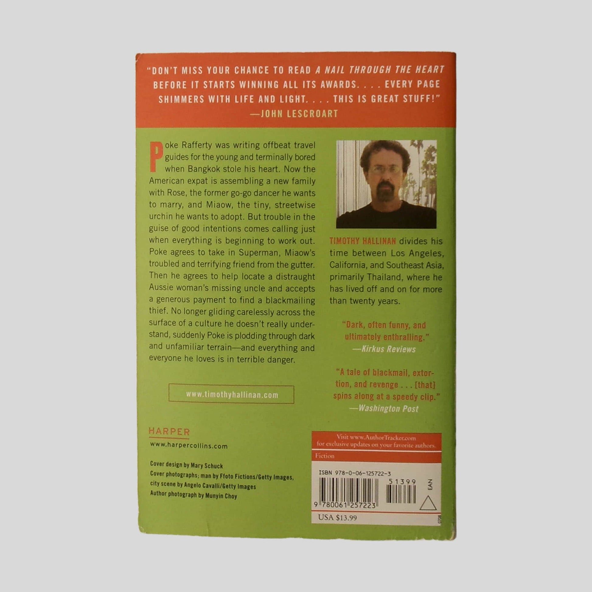 Back cover view of A Nail Through The Heart by Timothy Hallinan centered on a neutral light gray background. Chipping is present around the back cover edges.