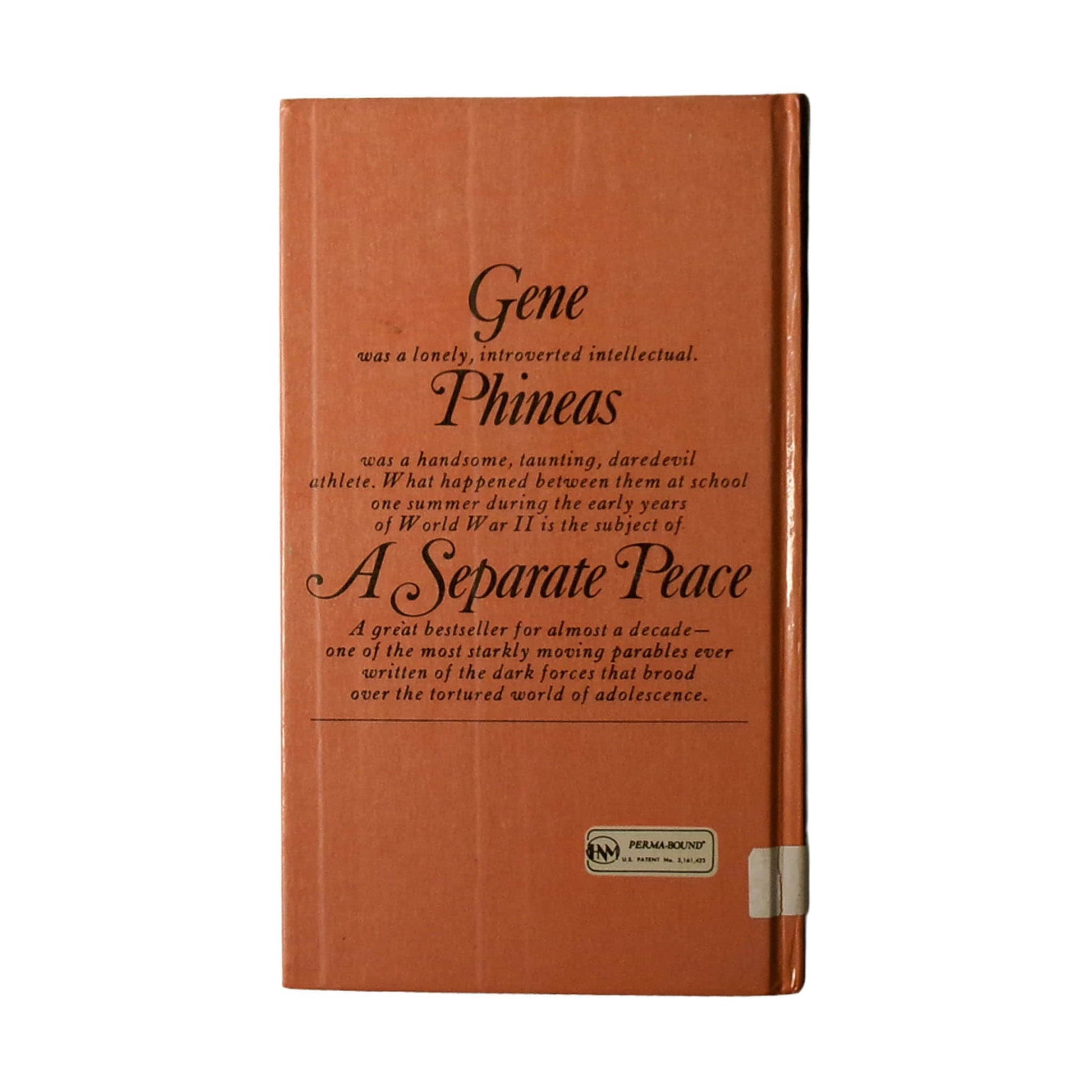 Back cover view of A Separate Peace by John Knowles centered on a neutral light gray background. Bumping is present on the lower spine edge. White tape across the bottom of the spine for library cataloging.