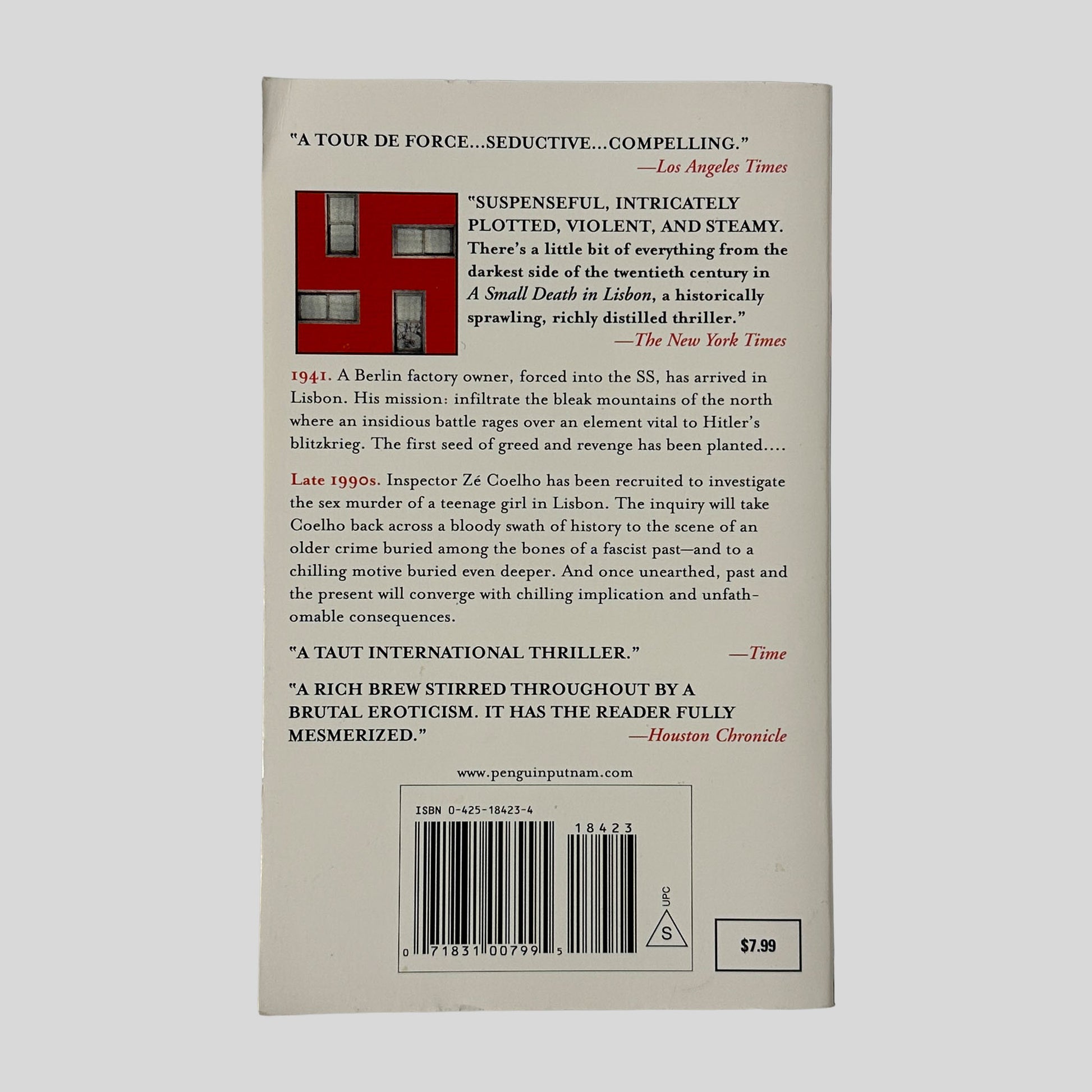 The back cover of the paperback "A Small Death in Lisbon," showing several literary reviews over a graphic of a window frame forming a red swastika.